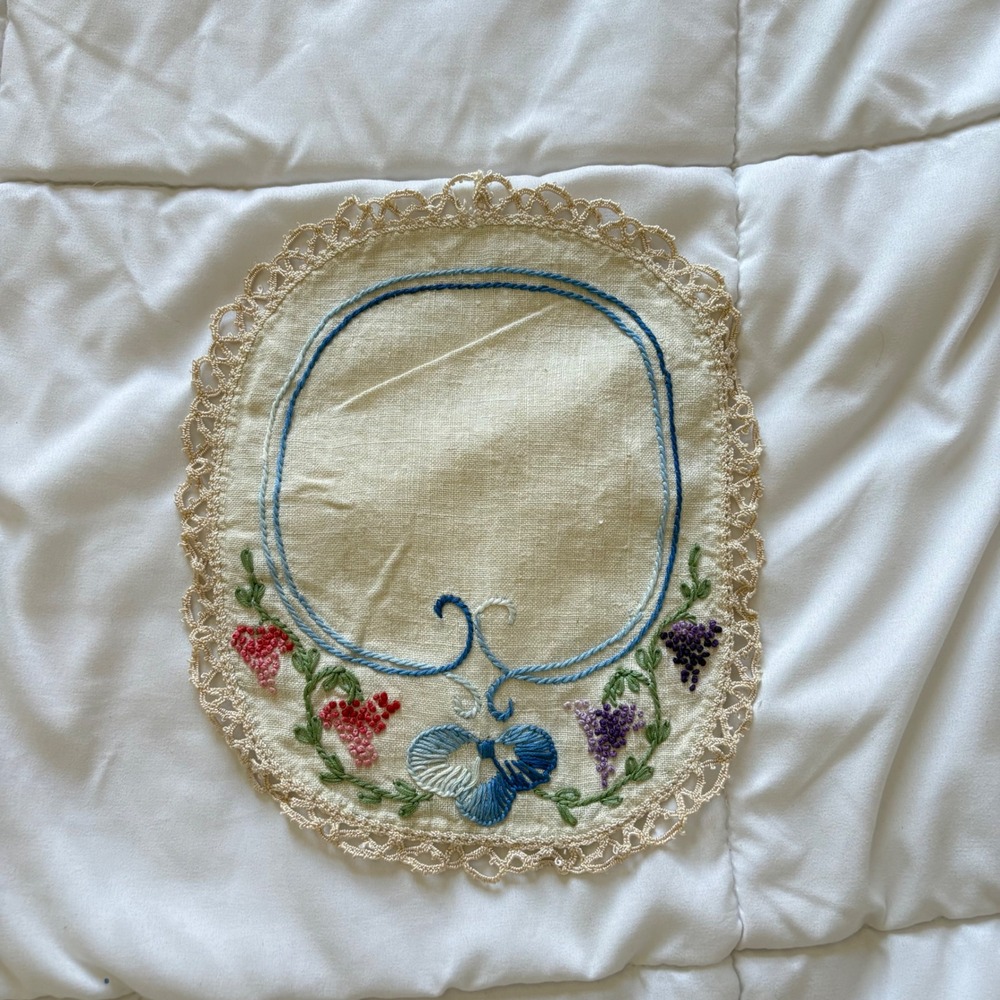 Vintage Hand Embroidered Linen Doily Oval Floral Grapes Lace Trim Needlepoint